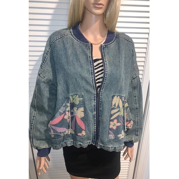 Vintage 80s Denim Jacket with floral print Bomber Women’s size 16 - Picture 1 of 11